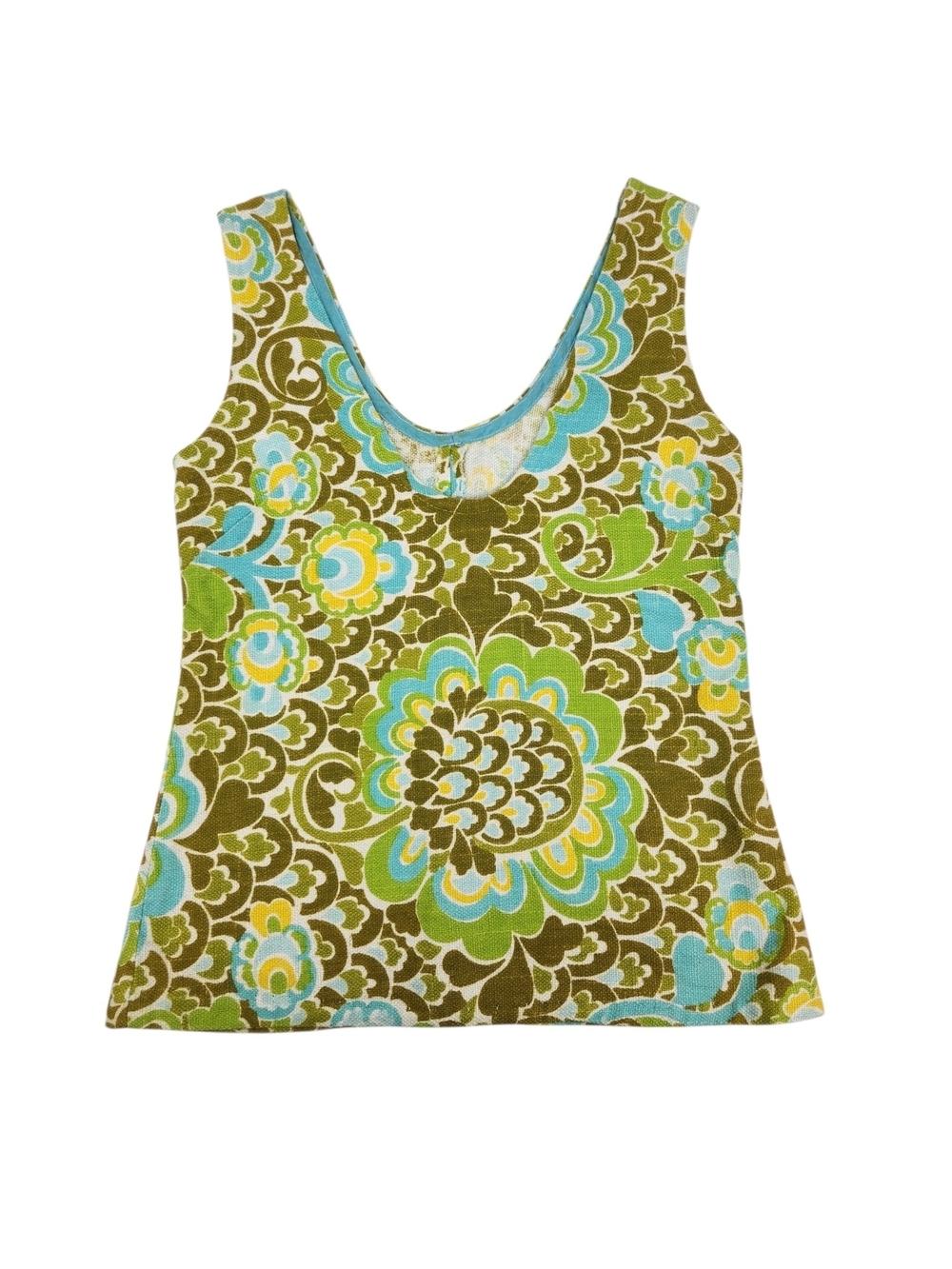 Vintage 60s 70s Mod Floral Tank Top Handmade Barkcloth Retro Hippie Boho S/M